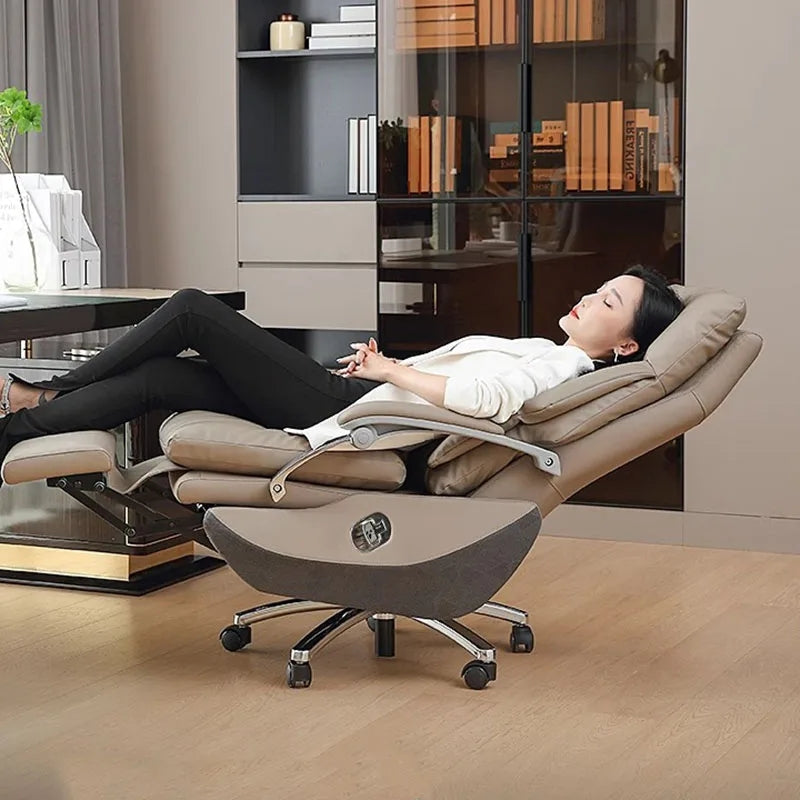 Silver Metal Frame Executive Chair with High-Back Design, Leather Seating, and Lumbar Support